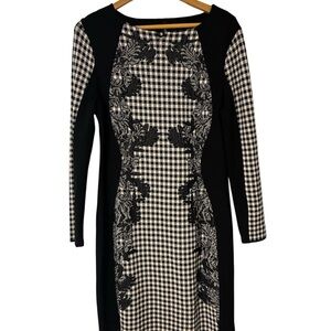 Marc Cain Floral Gingham Illusion Sheath Dress | Black & White Knit US 12–14